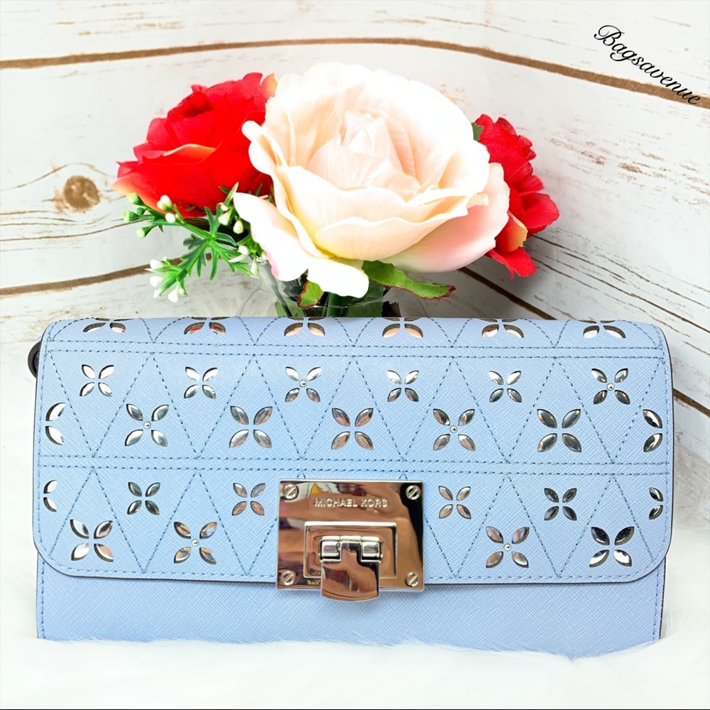 Michael Kors Tina pale blue silver floral clutch - Picture 1 of 7